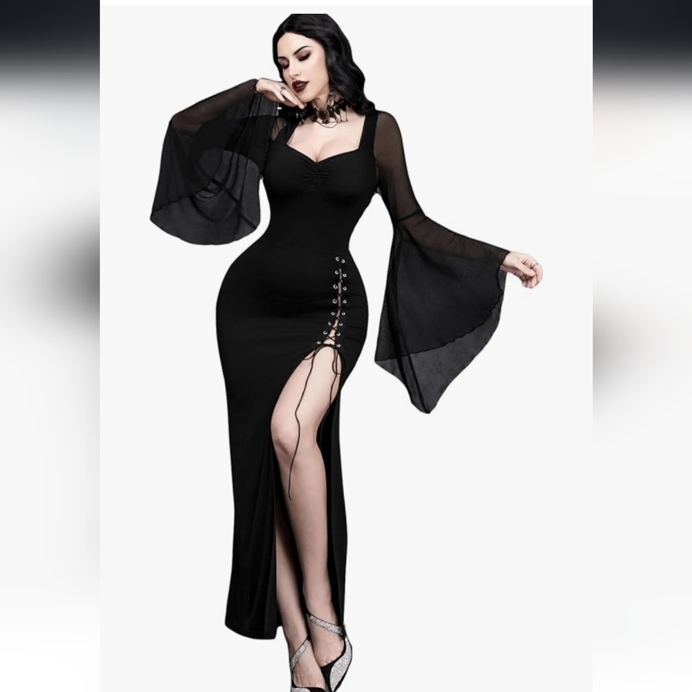Gothic Black V Neck Lace-Up Dress With Sheer Sleeves